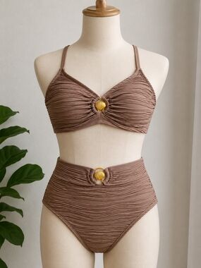 Taupe Ruched Shell Accent High-Waist Bikini Set